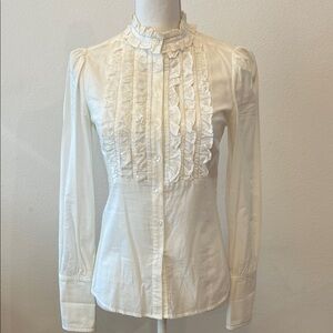Mango S White Ruffled Front Button-Down Blouse